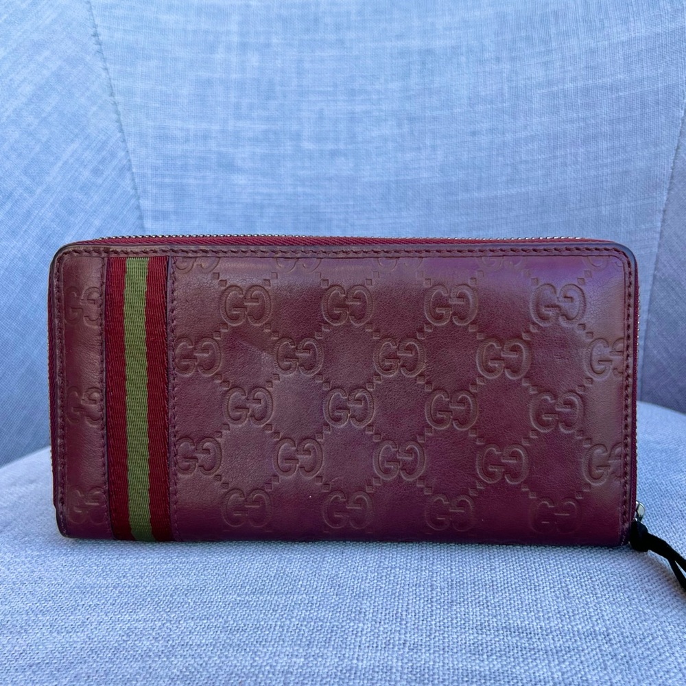Gucci Burgundy Leather Zip Around Wallet with Green-Red Web Stripe